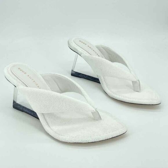 NEW Good American White Terry Cloth Clear Wedge Heel Sandals 8.5 - Picture 1 of 8